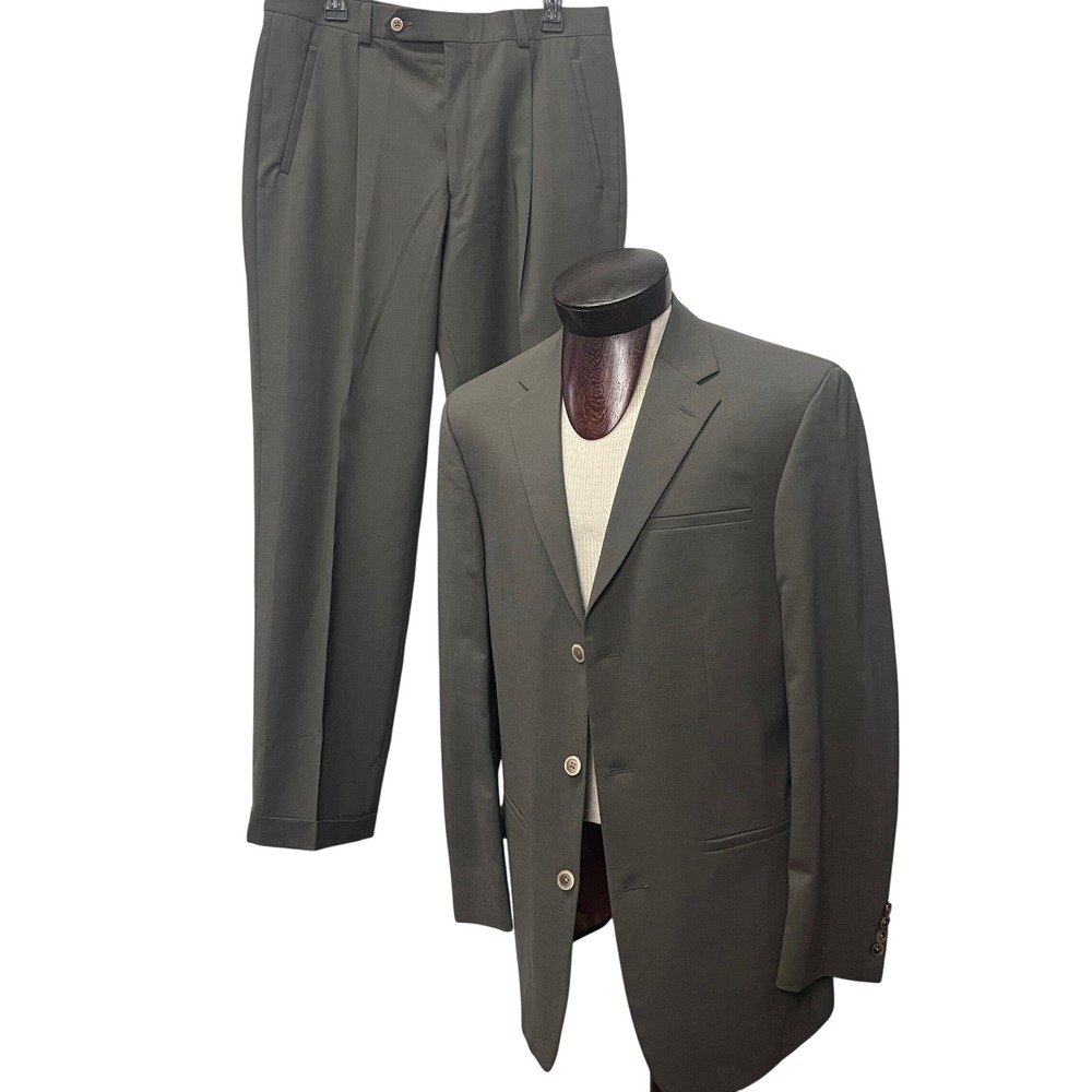 Wilke-Rodriguez Men 40L/34 Olive Green Wool 3 Button Suit Pleated Pants Cuff